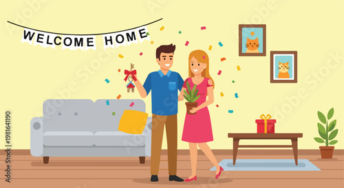 Happy couple holding keys and a potted plant in their new home with confetti