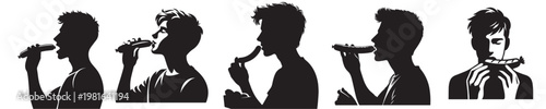vector young man eating sausage silhouette style