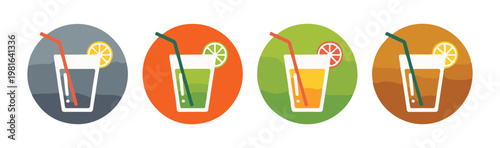 Colorful lemonade glass icons with straw and citrus slices set in round badges for summer drink promotion.