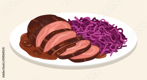 A plate of sliced roasted meat served with a side of shredded purple cabbage