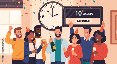 Group of friends celebrating New Year's Eve with champagne at ten seconds to mid