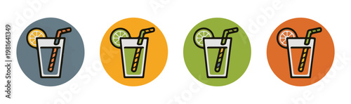 Hand drawn style lemonade icons featuring glasses with striped straws and fruit slices in vibrant circles.