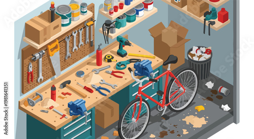 Isometric view of a cluttered workshop with a red bicycle and various hand tools