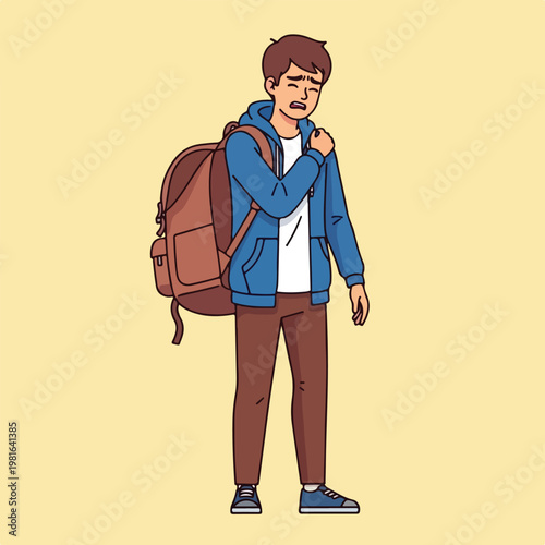 A young student wearing a backpack feels sudden shoulder pain and discomfort