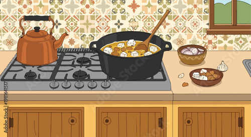 A copper kettle and pot of tofu stew on a gas stove in a cozy rustic kitchen