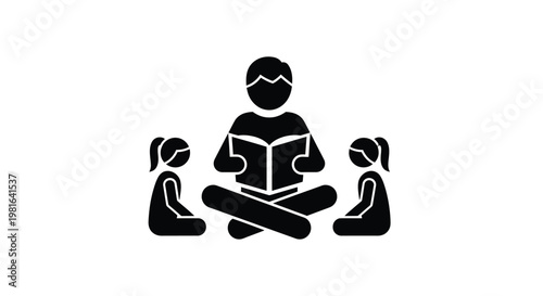 Person sitting cross legged while reading a storybook aloud to two young children in simple style