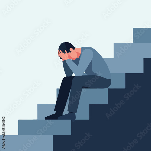 A man sitting on stairs with his head in his hands, feeling deep unhappiness