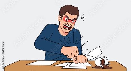 An angry man pounds his fist on a desk next to a spilled cup of hot coffee
