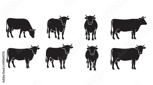 Cow Silhouettes Collection Different Poses and Angles Agricultural Livestock Icons