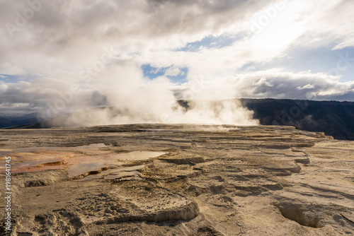 Dramatic Clouds and Steam Vents at Mammoth Hot Springs National Park