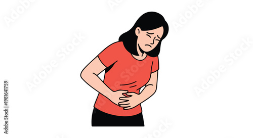 A woman in a red shirt hunched over holding her abdomen in visible stomach pain