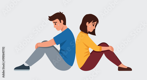 A sad man and woman sitting back to back crying on a plain light background