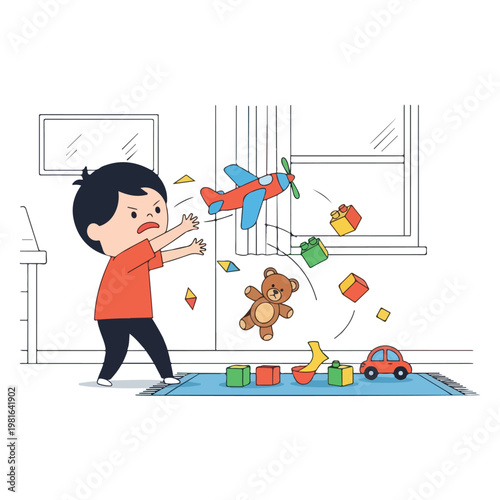 A cartoon boy throws various toys around a room in a fit of angry frustration