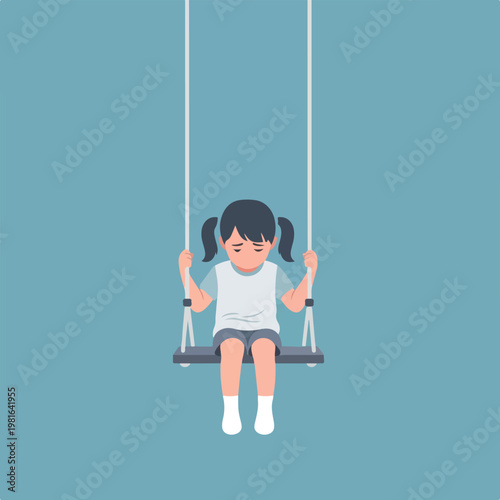 A sad young girl with pigtails sitting alone on a playground swing set isolated
