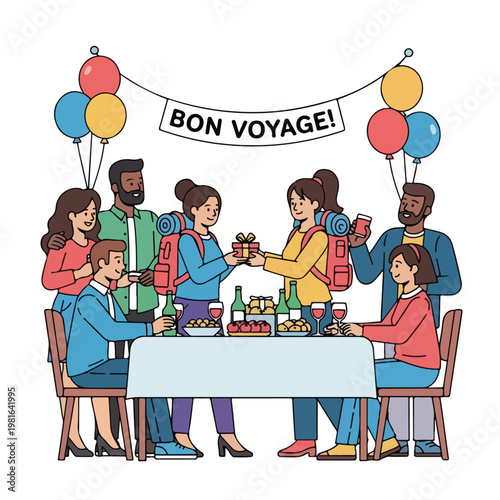 A group of friends gather at a dinner party to give a gift to departing hikers