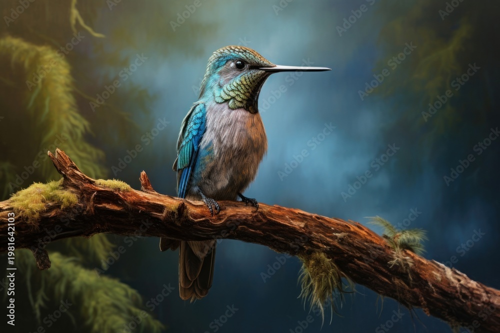 Fototapeta premium Hummingbird perched on a branch animal beak jay.