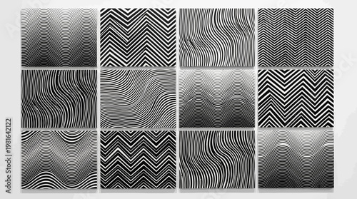 Black-and-white grid of twelve panels featuring wavy, zigzag, oscillating line patterns, creating optical illusions and rhythmic visual effects.