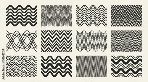 Black-and-white grid of twelve panels featuring wavy, zigzag, oscillating line patterns, creating optical illusions and rhythmic visual effects.