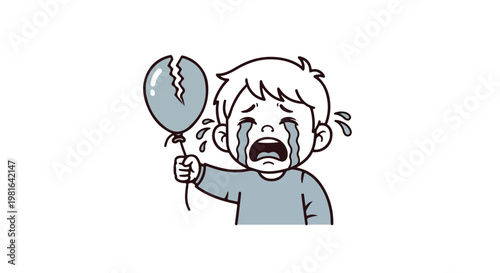 A distressed young boy crying while holding a broken and deflated blue balloon