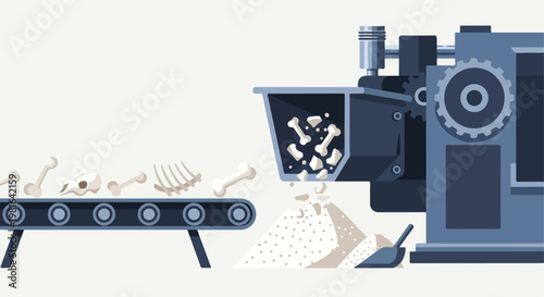 A conveyor belt feeds bones into an industrial machine that crushes them to dust