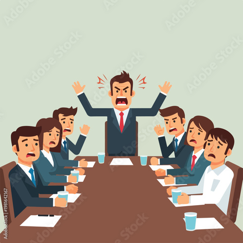 Angry boss yelling at intimidated team members during a stressful office meeting