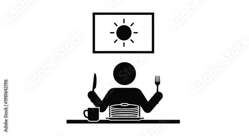 Simple black and white icon depicting a person enjoying a morning breakfast of pancakes and a drink.
