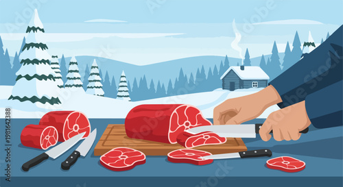 Hands slicing a piece of raw red meat on a wooden board in a snowy landscape