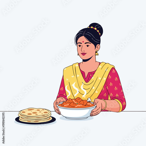 Indian woman serving a bowl of steaming hot chicken curry with flatbread