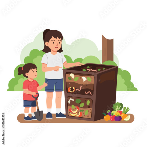 Woman and child gardening, looking at a layered backyard compost bin with worms