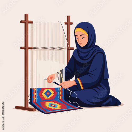 A woman in a blue hijab sits on the floor weaving a colorful patterned rug