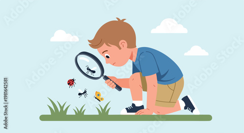 A curious young boy examines small insects in the grass with a magnifying glass