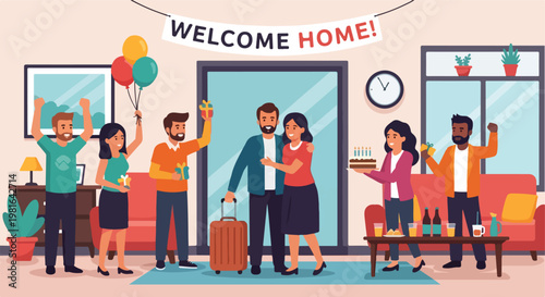 Friends welcome a man returning home with luggage, holding cake and balloons