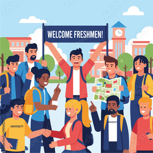 Happy diverse college students greeting new freshmen with a banner on campus