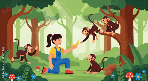 A young girl in blue overalls kneeling to feed bananas to monkeys in a forest