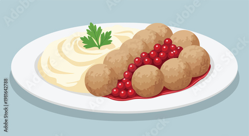 A plate of Swedish meatballs with mashed potatoes, berry sauce, and a herb leaf