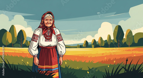 Elderly woman in traditional Ukrainian clothing standing in a golden field representing heritage and rural life illustration