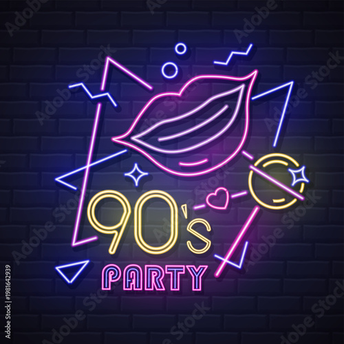 Retro Neon sign  90`s disco party with fluorescent smiling lips, lollipop and geometric elements. Vintage electric signboard. Vector illustration