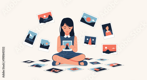 Girl sitting on the floor surrounded by many various colorful photographic prints