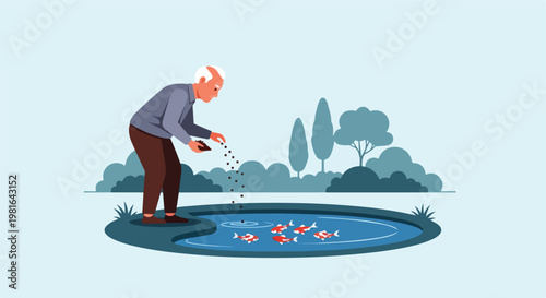 An elderly man stands by a calm pond, tossing food to the colorful koi fish