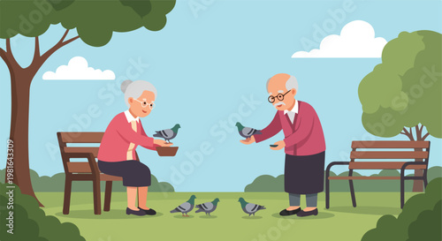 An elderly couple feeds pigeons in a sunny park while sitting on wooden benches