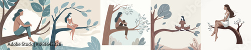 vector of woman sitting relaxing on a tree