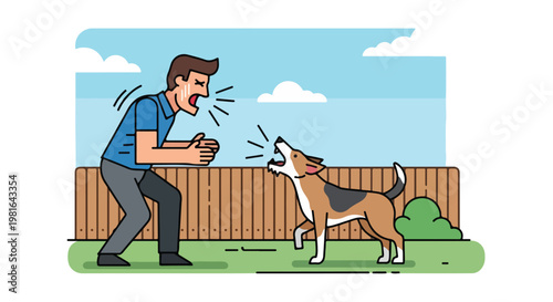A flat illustration of a man and a dog shouting at each other in a backyard