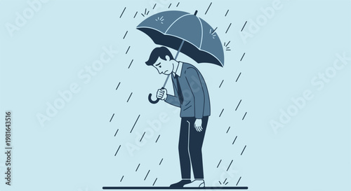 A sad, lonely businessman stands under an umbrella during a heavy rain shower