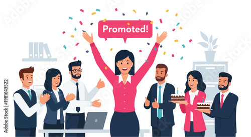 A woman celebrates her job promotion with cheering coworkers and office cake