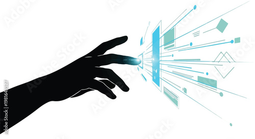 Hand reaching out to interact with a digital interface demonstrates the future of human computer connection and the seamless integration of advanced data visualization in a high tech workspace.