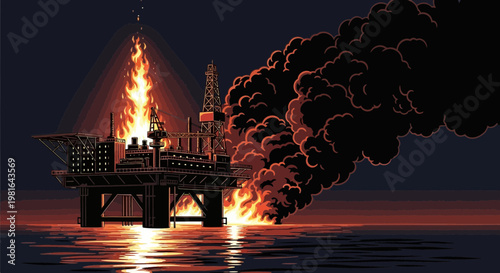 Offshore oil rig burning with dark smoke and flames at night, industrial disaster concept
