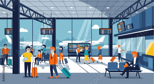 Airport waiting hall with passengers and airplanes outside, travel concept