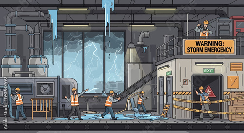 Industrial factory workers evacuate during a severe storm emergency with lightning and flooding.