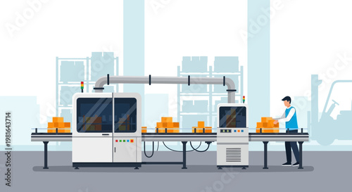 Automated Production Line Packaging Boxes in Warehouse