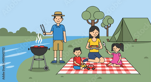 A cartoon family enjoys a picnic and barbecue by a river near a camping tent